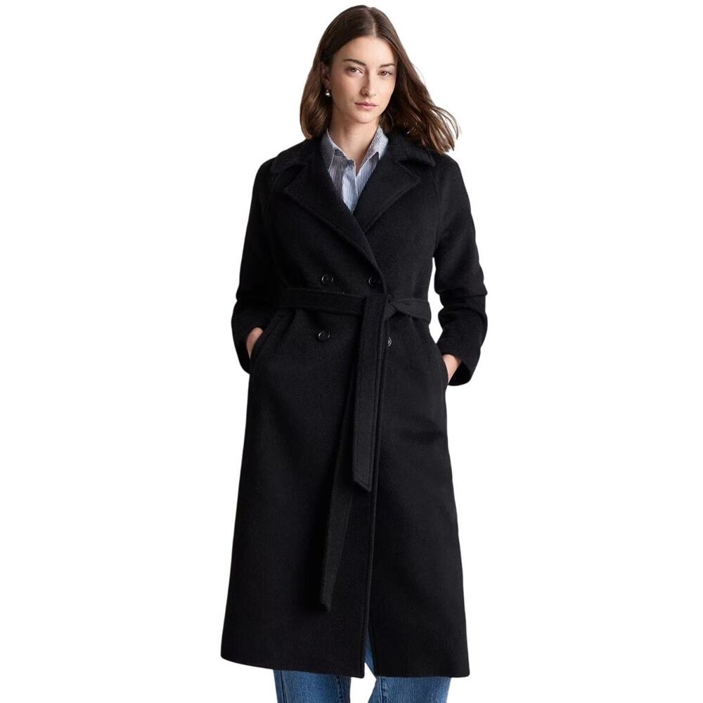 EUC Quince Women's M Black Camel Hair Double-Breasted Long Wrap Coat $350 Retro